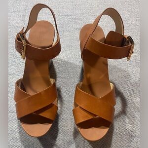 Michael Michael Kors Peggy Platform Wedge Luggage Brown Leather Sandals, Sz 7.5
